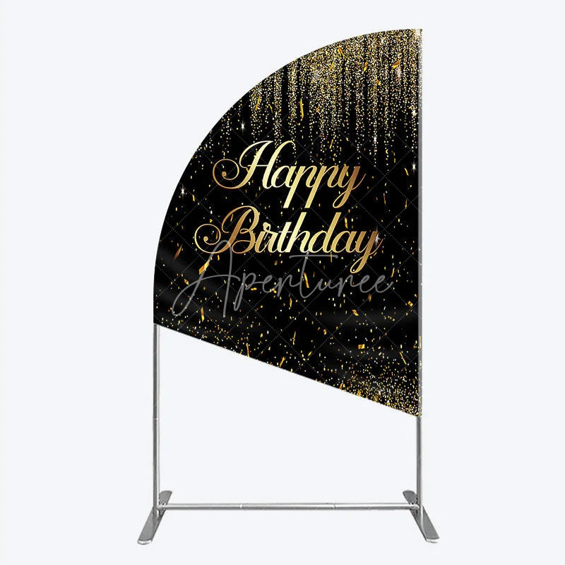 Aperturee - Aperturee Elegant Black and Gold Glitter Happy Birthday Half Moon Arch Backdrop Festive Party Decoration