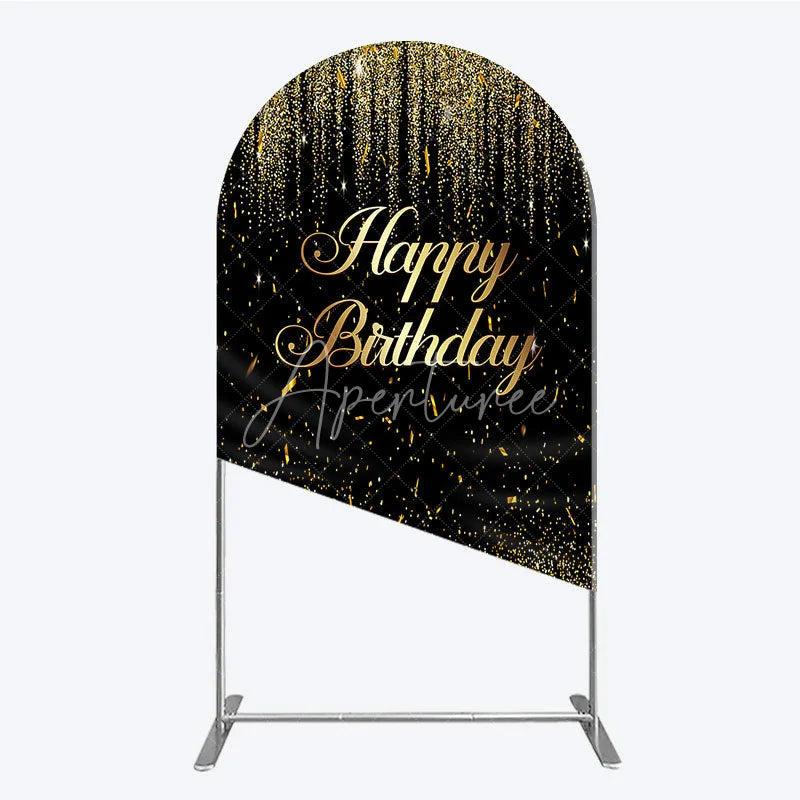Aperturee - Aperturee Elegant Black and Gold Glitter Happy Birthday Round Top Arch Backdrop Sparkling Confetti Party Decor