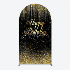 Aperturee - Aperturee Elegant Black and Gold Glitter Happy Birthday Round Top Arch Backdrop Sparkling Confetti Party Decor