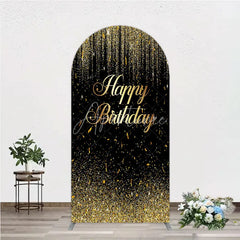 Aperturee - Aperturee Elegant Black and Gold Glitter Happy Birthday Round Top Arch Backdrop Sparkling Confetti Party Decor
