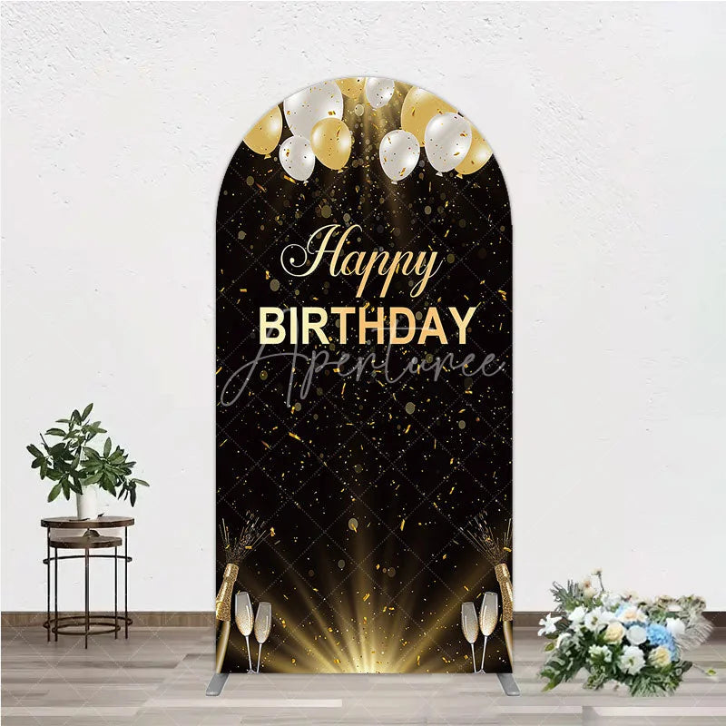 Aperturee - Aperturee Elegant Black and Gold Happy Birthday Arch Backdrop Festive Balloons Confetti and Champagne Decor
