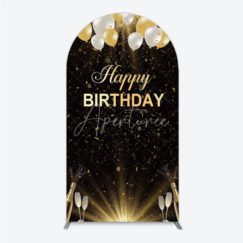 Aperturee - Aperturee Elegant Black and Gold Happy Birthday Arch Backdrop Festive Balloons Confetti and Champagne Decor