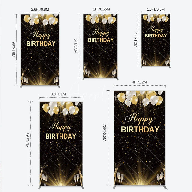 Aperturee - Aperturee Elegant Black and Gold Happy Birthday Rectangle Backdrop Festive Balloons Confetti and Champagne Decor