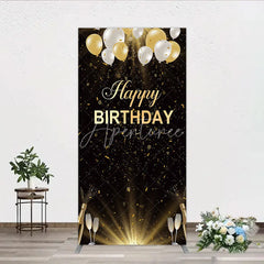 Aperturee - Aperturee Elegant Black and Gold Happy Birthday Rectangle Backdrop Festive Balloons Confetti and Champagne Decor
