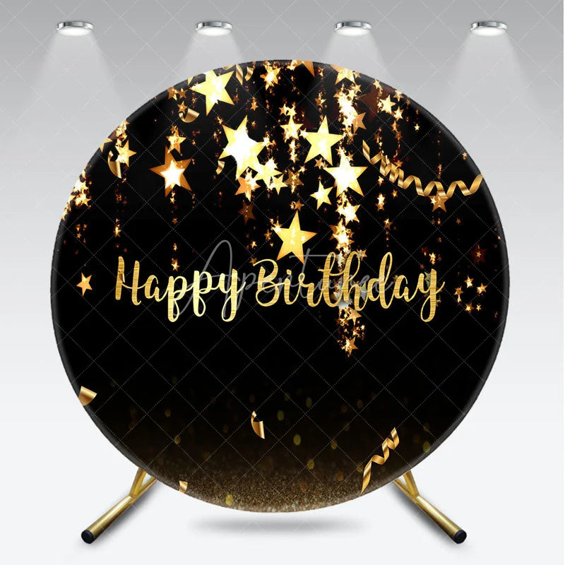 Aperturee - Aperturee Elegant Black and Gold Happy Birthday Round Backdrop Sparkling Stars and Glitter for Party Celebration