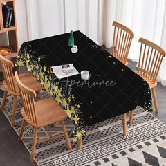 Aperturee - Aperturee Elegant Black and Gold Stars Sparkling Rectangle Tablecloth with Scalloped Edge Festive Party Dinner Decor