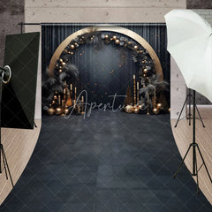 Aperturee - Aperturee Elegant Black and Gold Sweep Backdrop with Golden Arch Dark Foliage and Festive Baubles for Celebrations