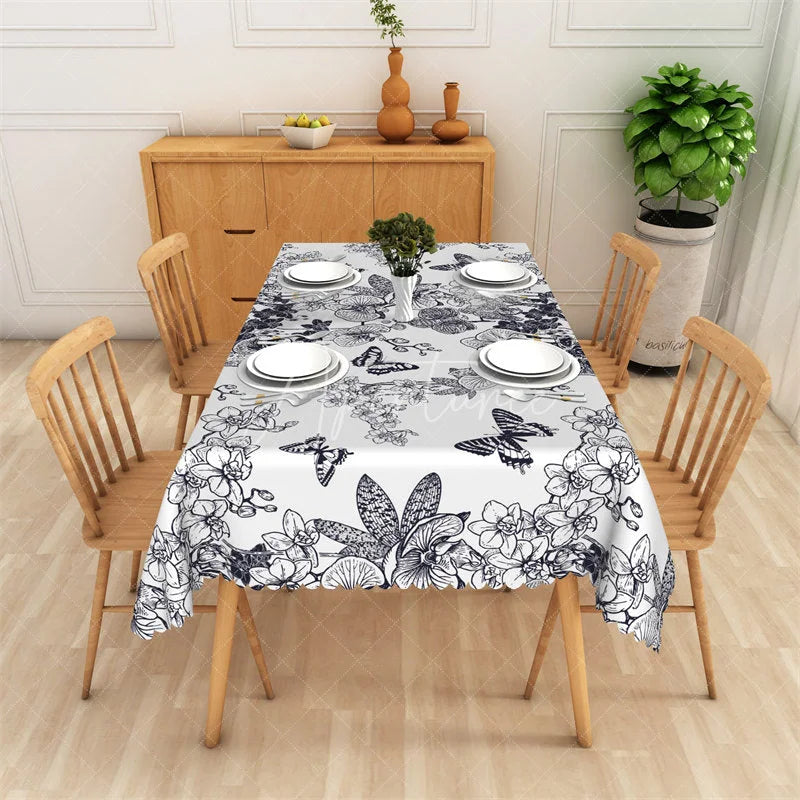 Aperturee - Aperturee Elegant Black and White Floral Butterfly Rectangle Tablecloth for Dining and Home Decor