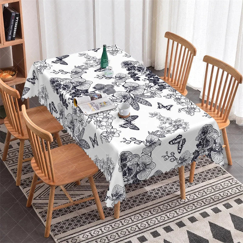Aperturee - Aperturee Elegant Black and White Floral Butterfly Rectangle Tablecloth for Dining and Home Decor