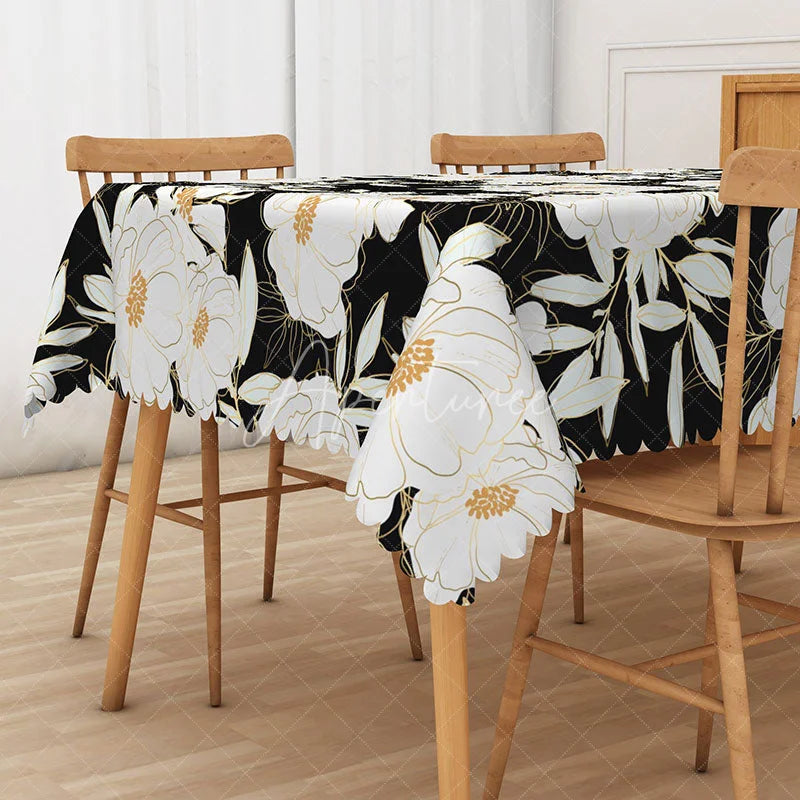 Aperturee - Aperturee Elegant Black and White Floral Tablecloth for Modern Minimalist or Formal Dining Table Decor
