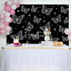 Aperturee - Aperturee Elegant Black and White Glowing Butterfly Y2K Birthday Backdrop with Sparkling Stars Magical Party Decor