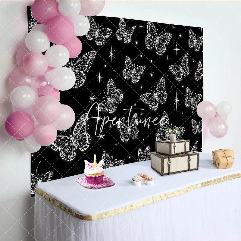 Aperturee - Aperturee Elegant Black and White Glowing Butterfly Y2K Birthday Backdrop with Sparkling Stars Magical Party Decor