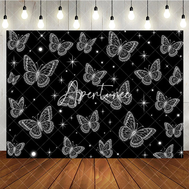 Aperturee - Aperturee Elegant Black and White Glowing Butterfly Y2K Birthday Backdrop with Sparkling Stars Magical Party Decor