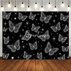 Aperturee - Aperturee Elegant Black and White Glowing Butterfly Y2K Birthday Backdrop with Sparkling Stars Magical Party Decor