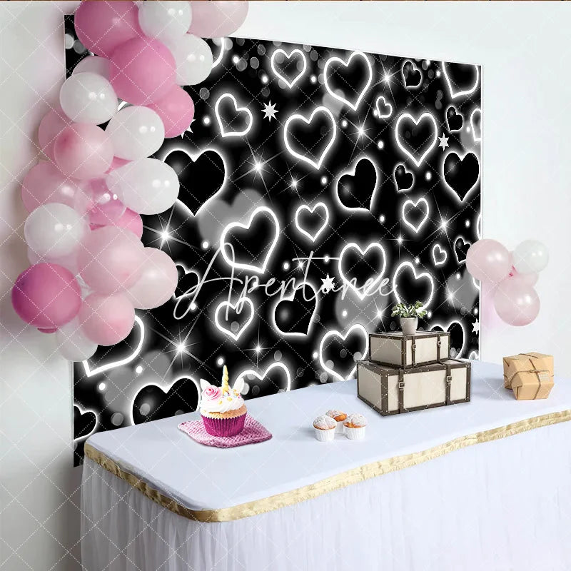 Aperturee - Aperturee Elegant Black and White Glowing Heart and Star Y2K Birthday Backdrop Sparkling Glitter Celebration Party Decoration