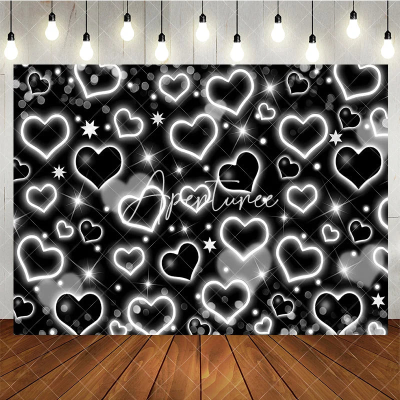 Aperturee - Aperturee Elegant Black and White Glowing Heart and Star Y2K Birthday Backdrop Sparkling Glitter Celebration Party Decoration