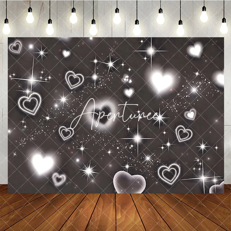 Aperturee - Aperturee Elegant Black and White Glowing Hearts and Sparkling Stars Glitter Birthday Backdrop Dreamy Celebration Party Decor