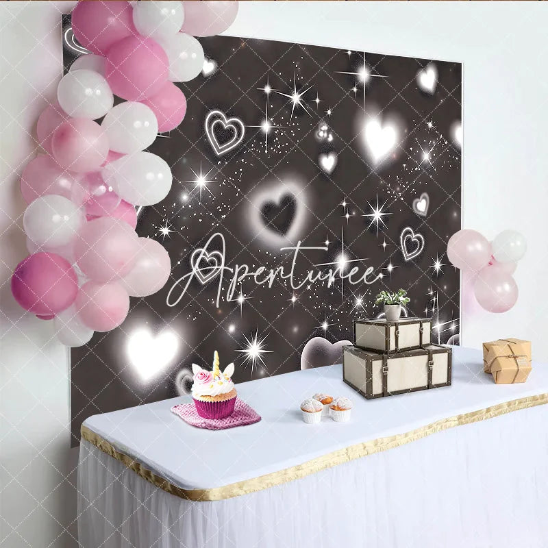 Aperturee - Aperturee Elegant Black and White Glowing Hearts and Sparkling Stars Glitter Birthday Backdrop Dreamy Celebration Party Decor