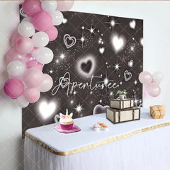 Aperturee - Aperturee Elegant Black and White Glowing Hearts and Sparkling Stars Glitter Birthday Backdrop Dreamy Celebration Party Decor
