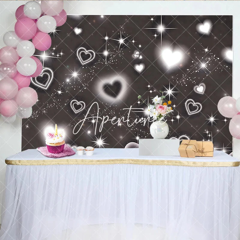 Aperturee - Aperturee Elegant Black and White Glowing Hearts and Sparkling Stars Glitter Birthday Backdrop Dreamy Celebration Party Decor