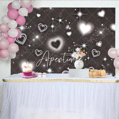 Aperturee - Aperturee Elegant Black and White Glowing Hearts and Sparkling Stars Glitter Birthday Backdrop Dreamy Celebration Party Decor