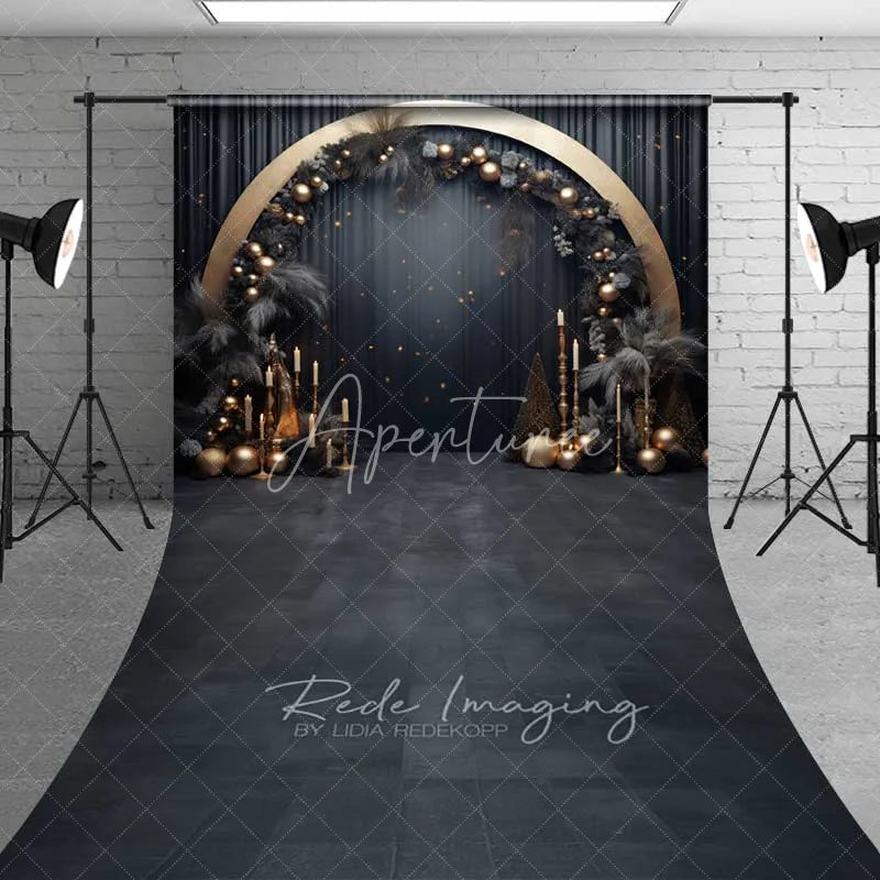 Aperturee - Aperturee Elegant Black Gold Arch Sweep Backdrop Pampas Grass Circle Frame Dark Floor Photo Background