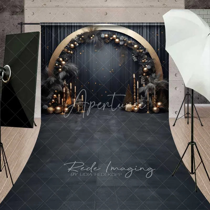 Aperturee - Aperturee Elegant Black Gold Arch Sweep Backdrop Pampas Grass Circle Frame Dark Floor Photo Background
