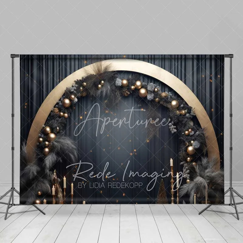 Aperturee - Aperturee Elegant Black Gold Christmas Backdrop Circular Arch Pampas Grass Ornaments Dark Curtain Photo Background