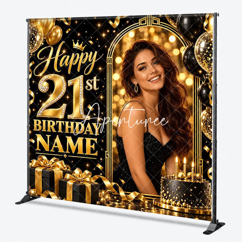 Aperturee - Aperturee Elegant Black Gold Glitter Diamond Happy 21st Birthday Custom Backdrop Personalized Party Celebration Decor