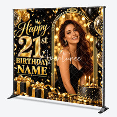 Aperturee - Aperturee Elegant Black Gold Glitter Diamond Happy 21st Birthday Custom Backdrop Personalized Party Celebration Decor