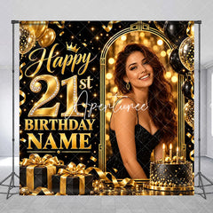 Aperturee - Aperturee Elegant Black Gold Glitter Diamond Happy 21st Birthday Custom Backdrop Personalized Party Celebration Decor