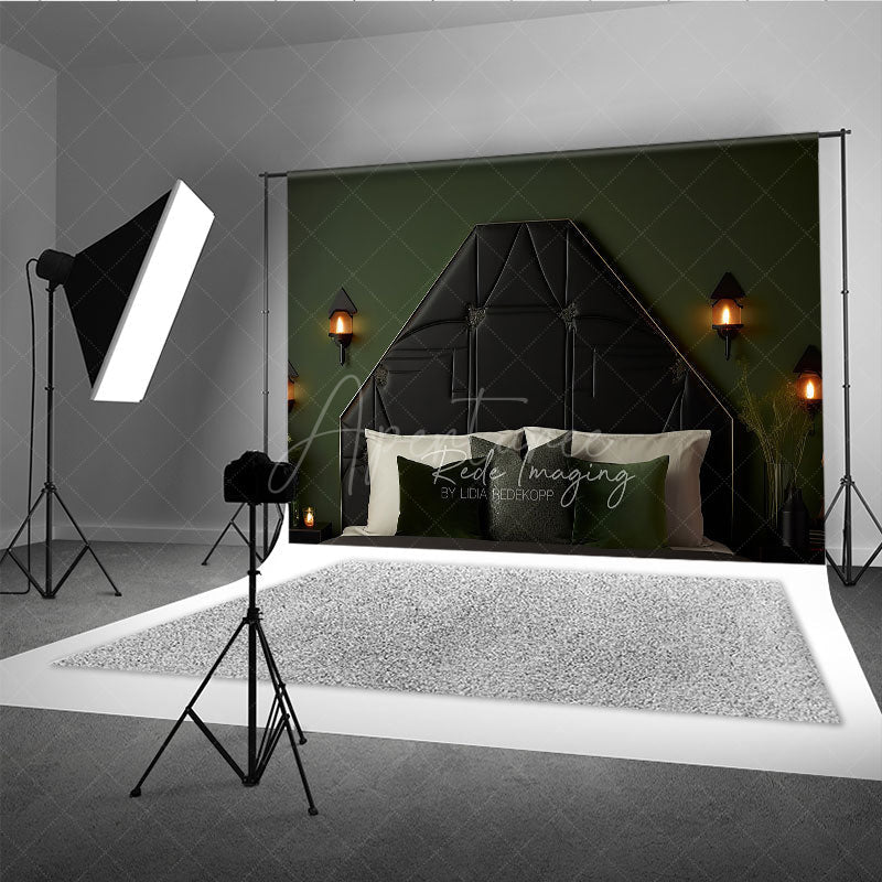 Aperturee Aperturee Elegant Black Tufted Headboard Photography Backdrop Dark Green Wall with Sconces Modern Luxury Bedroom Decor