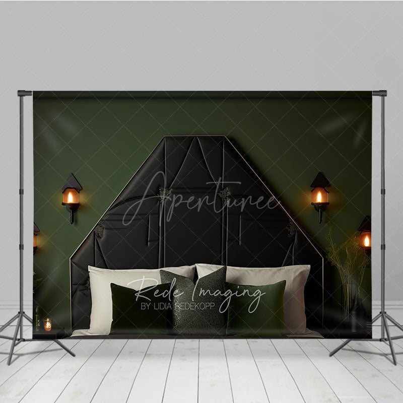 Aperturee Aperturee Elegant Black Tufted Headboard Photography Backdrop Dark Green Wall with Sconces Modern Luxury Bedroom Decor