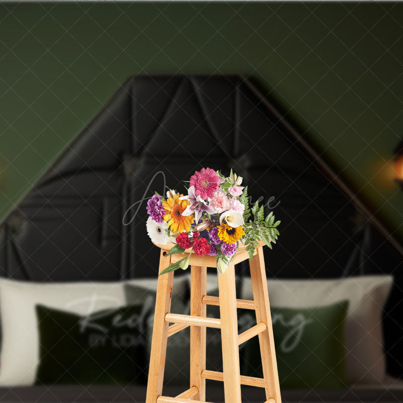 Aperturee Aperturee Elegant Black Tufted Headboard Photography Backdrop Dark Green Wall with Sconces Modern Luxury Bedroom Decor