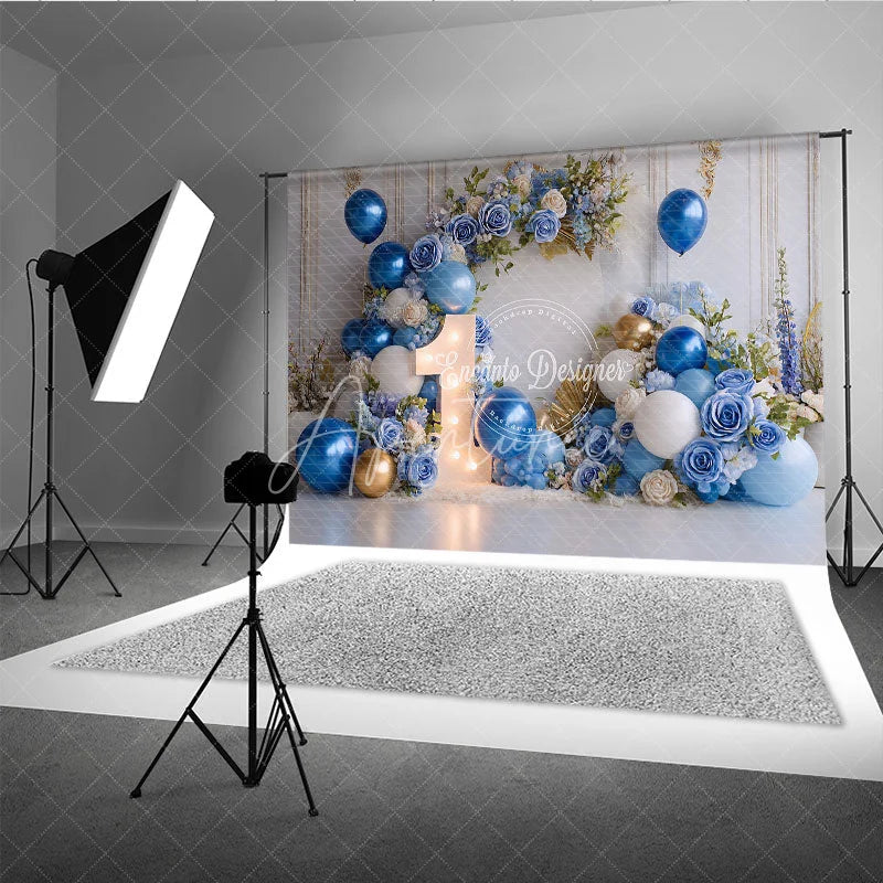 Aperturee - Aperturee Elegant Blue and Gold Balloons with Flowers First Birthday Photography Backdrop Baby Shower Cake Smash Decor