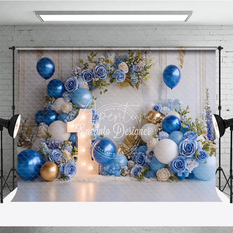 Aperturee - Aperturee Elegant Blue and Gold Balloons with Flowers First Birthday Photography Backdrop Baby Shower Cake Smash Decor