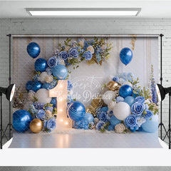 Aperturee - Aperturee Elegant Blue and Gold Balloons with Flowers First Birthday Photography Backdrop Baby Shower Cake Smash Decor