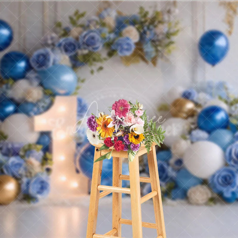 Aperturee - Aperturee Elegant Blue and Gold Balloons with Flowers First Birthday Photography Backdrop Baby Shower Cake Smash Decor
