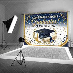Aperturee - Aperturee Elegant Blue and Gold Graduation Photography Backdrop for Class of 2026 Featuring Cap and Diploma