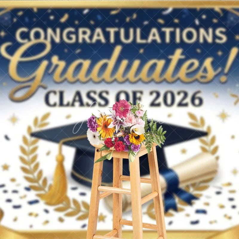 Aperturee - Aperturee Elegant Blue and Gold Graduation Photography Backdrop for Class of 2026 Featuring Cap and Diploma