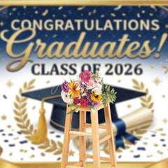 Aperturee - Aperturee Elegant Blue and Gold Graduation Photography Backdrop for Class of 2026 Featuring Cap and Diploma