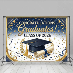 Aperturee - Aperturee Elegant Blue and Gold Graduation Photography Backdrop for Class of 2026 Featuring Cap and Diploma