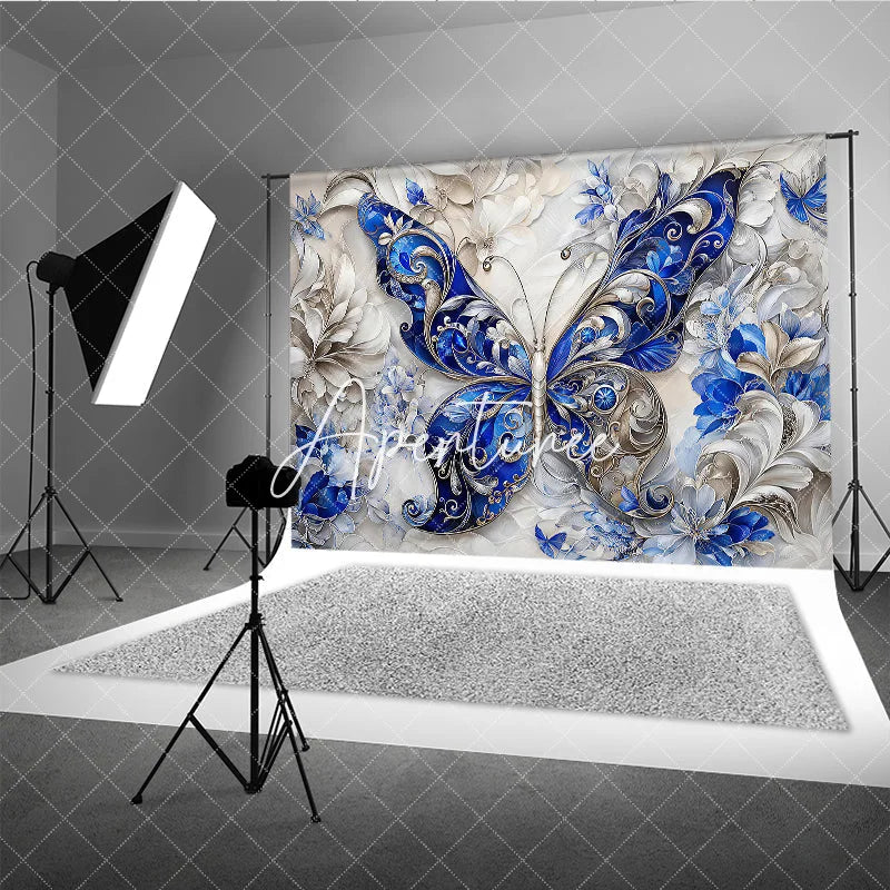Aperturee - Aperturee Elegant Blue and Silver Ornate Butterfly Photography Backdrop Intricate Floral Textured Design for Fine Art Portraits.