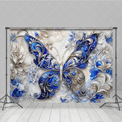 Aperturee - Aperturee Elegant Blue and Silver Ornate Butterfly Photography Backdrop Intricate Floral Textured Design for Fine Art Portraits.