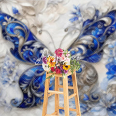 Aperturee - Aperturee Elegant Blue and Silver Ornate Butterfly Photography Backdrop Intricate Floral Textured Design for Fine Art Portraits.