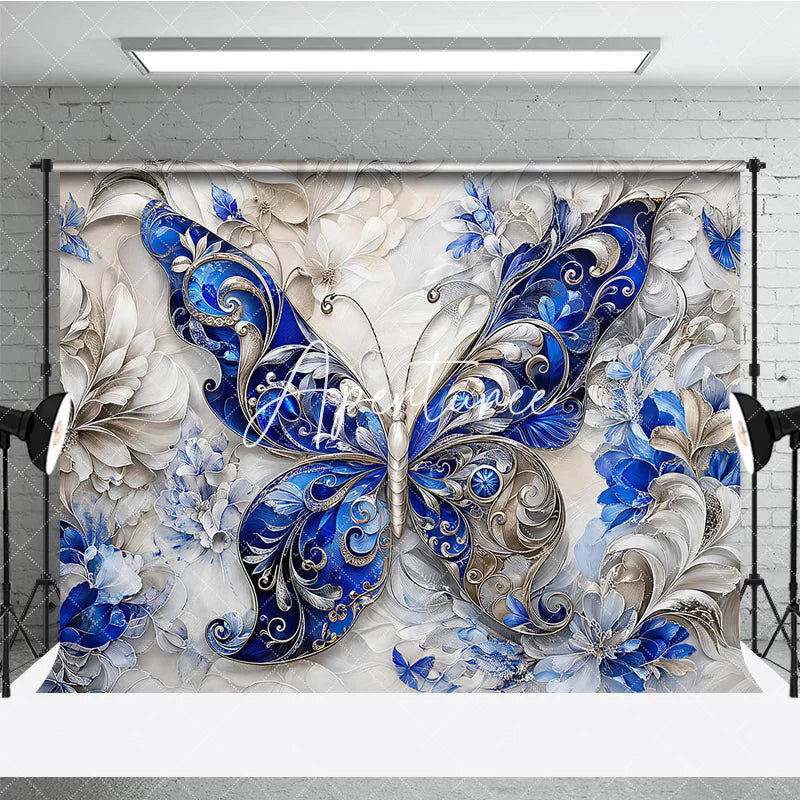 Aperturee - Aperturee Elegant Blue and Silver Ornate Butterfly Photography Backdrop Intricate Floral Textured Design for Fine Art Portraits.