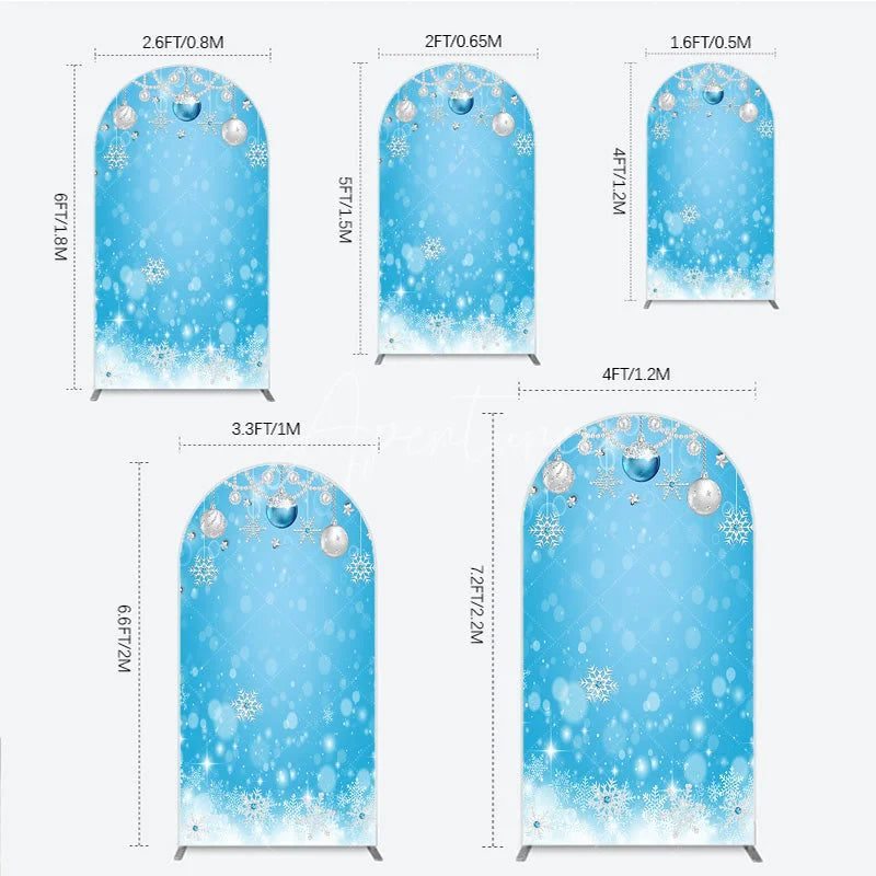 Aperturee - Aperturee Elegant Blue and Silver Winter Holiday Round Top Arch Backdrop featuring Snowflakes and Pearl Ornaments