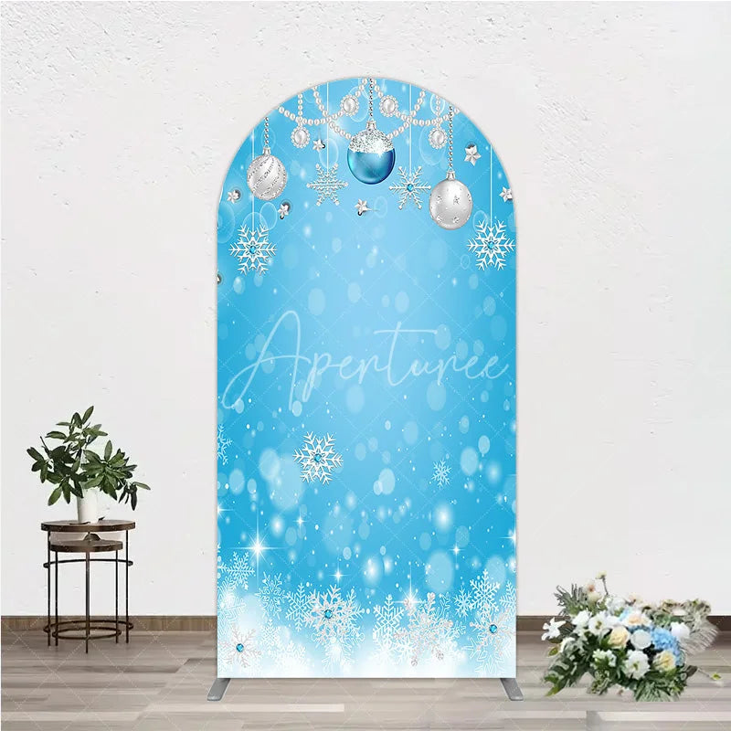 Aperturee - Aperturee Elegant Blue and Silver Winter Holiday Round Top Arch Backdrop featuring Snowflakes and Pearl Ornaments