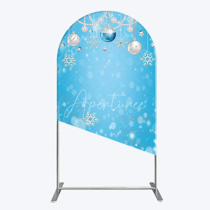 Aperturee - Aperturee Elegant Blue and Silver Winter Holiday Round Top Arch Backdrop featuring Snowflakes and Pearl Ornaments