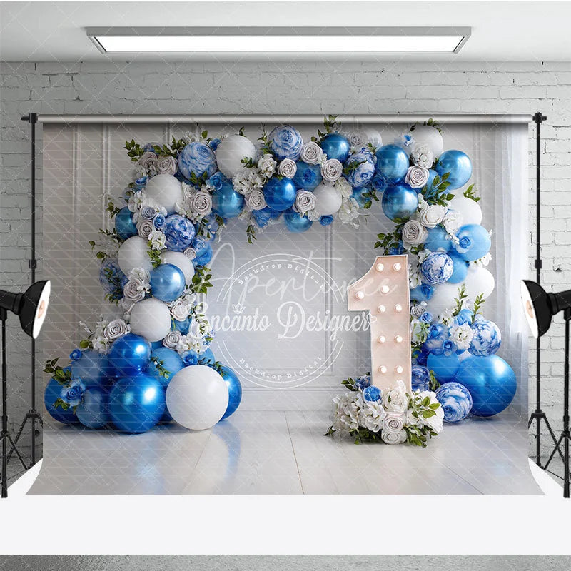 Aperturee - Aperturee Elegant Blue and White Balloon Floral Garland Photography Backdrop First Birthday Party Decor for Baby